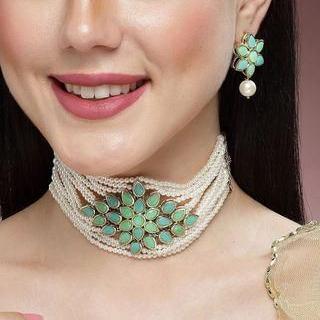 Karatcart Gold Plated Pearl Beaded Light Blue and Light Green Kundan Stone Choker Necklace Set